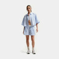 Sportwear Chill Poplin Loose Mid Rise Stripe Womens Shorts (Light Photo Blue/Hydrogen Blue/Summit White)