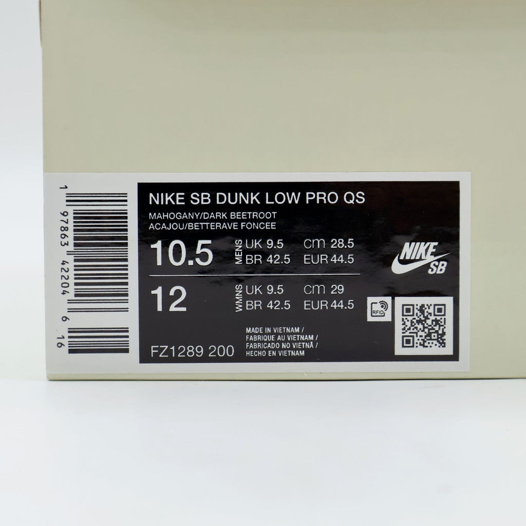FZ1289-200 Riot Skateshop Nike SB Dunk Low Pro QS Mahogany and Team Red (Men's)