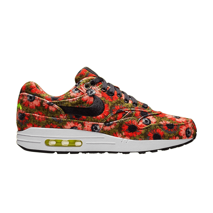 Nike Air Max 1 Premium SE 'Floral Mowabb' — Black/Black/Flash Crimson/Faded Spruce