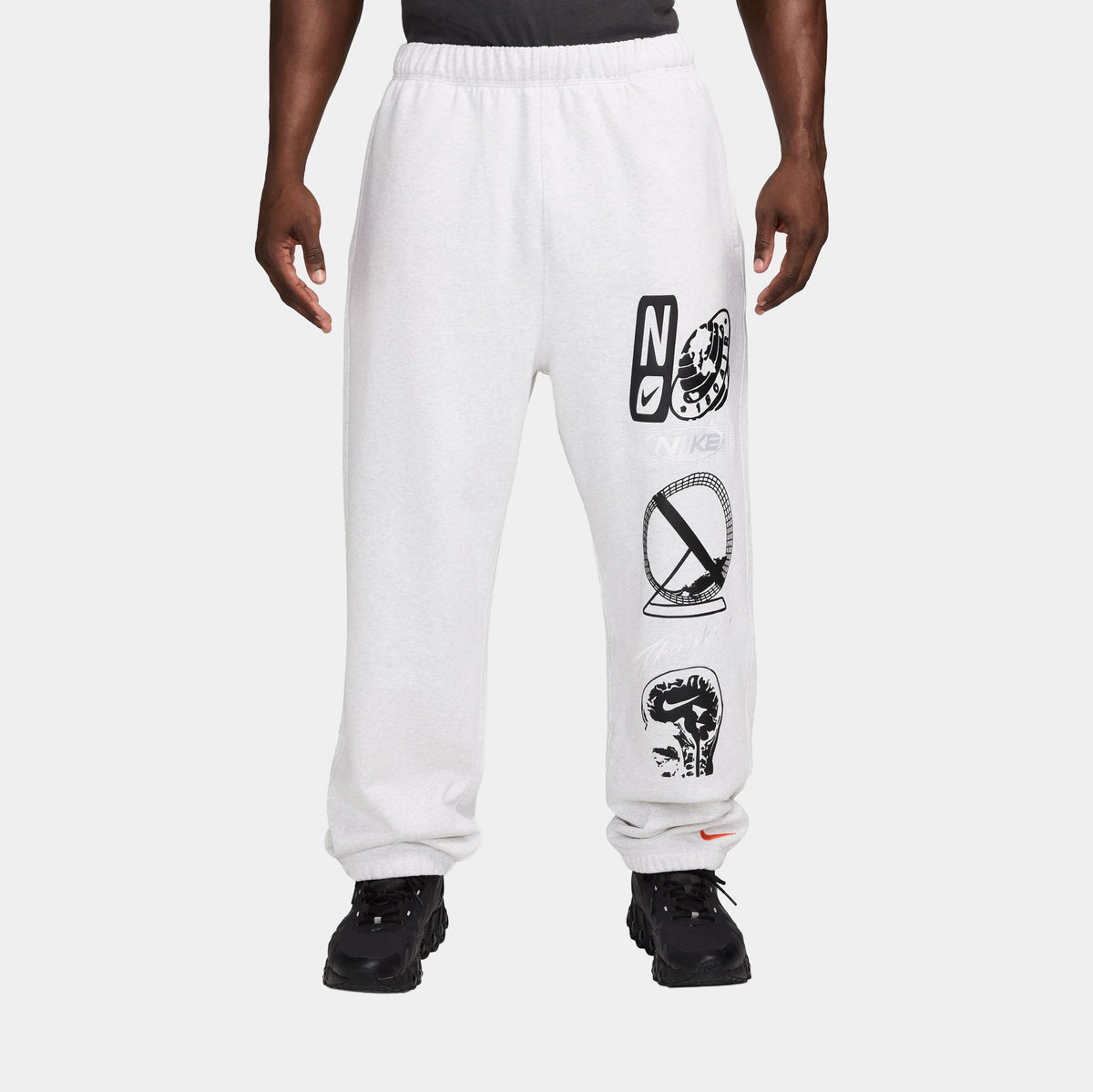 Sportswear Graphic Fleece Novelty Mens Pants (Birch Heather/Black/White/Safety Orange)