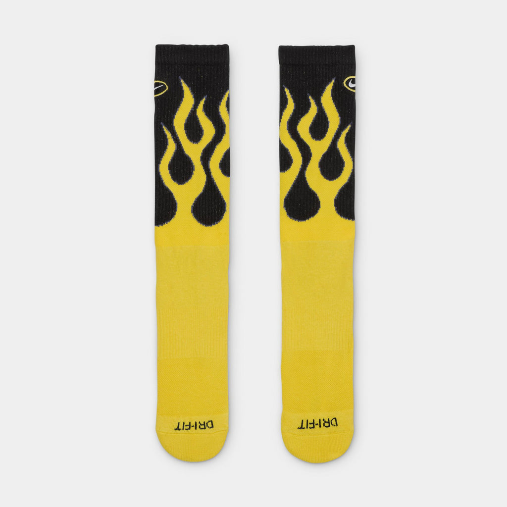 Everyday Plush Cushioned Crew Flames Mens Socks (Black/Tour Yellow/White)